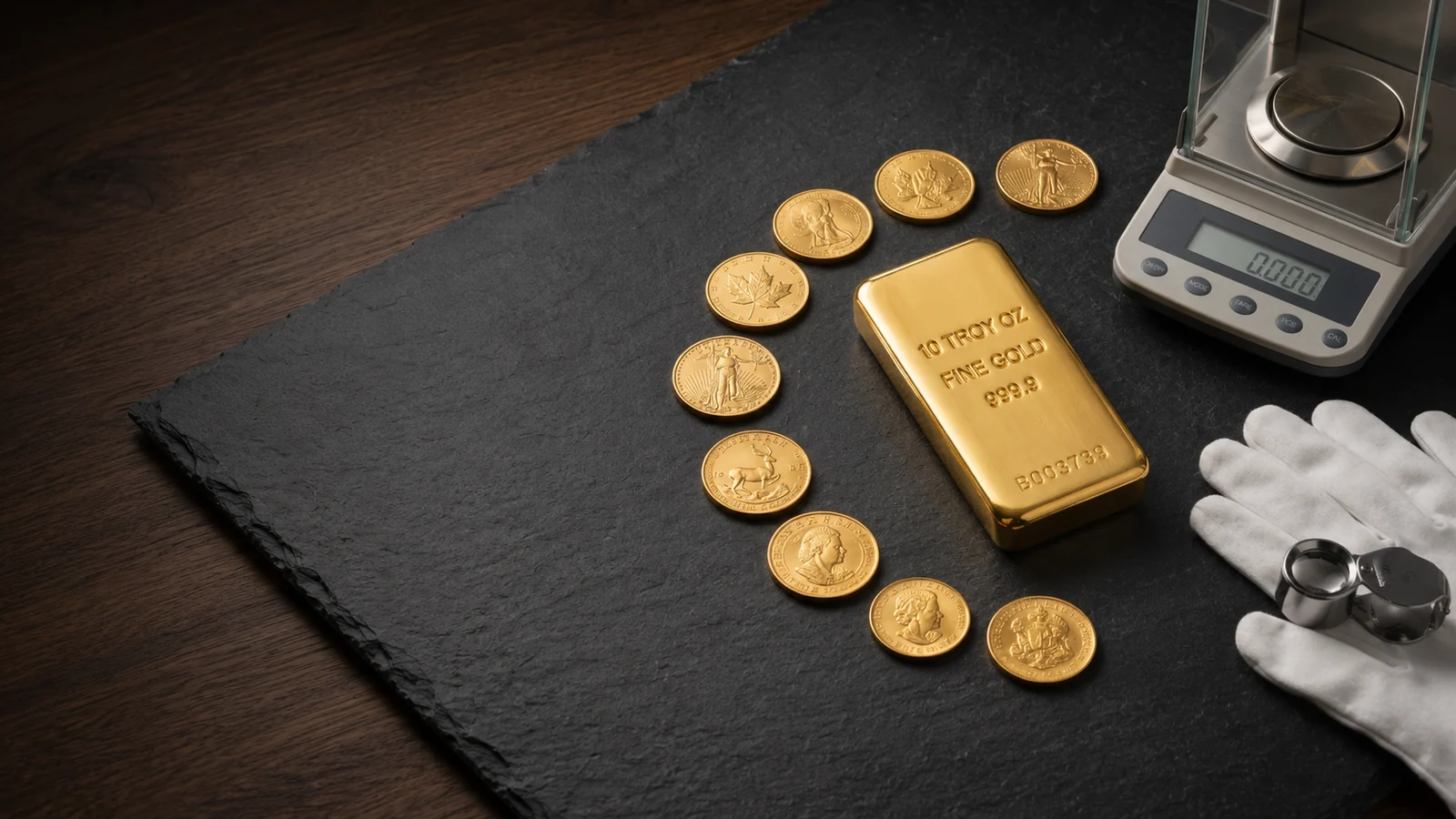 Ten troy ounce gold bar, world-style gold bullion coins, scale and inspection tools